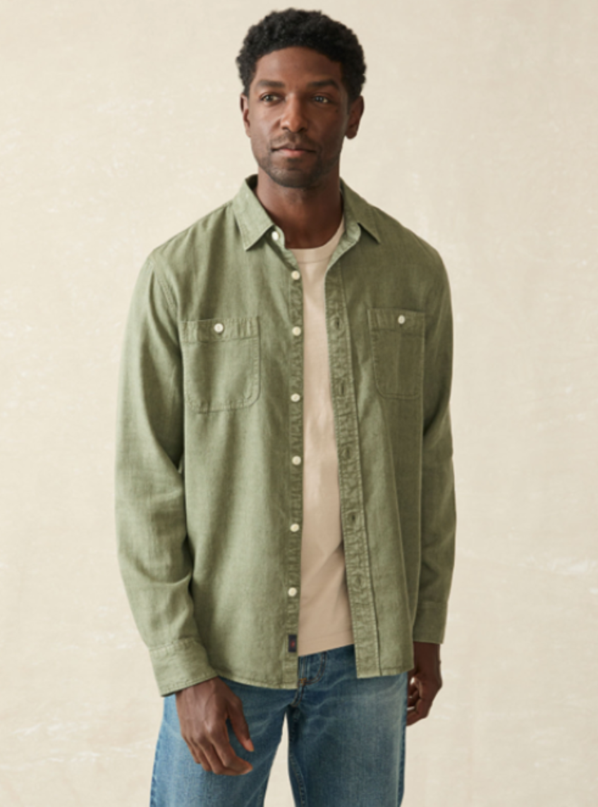 The olive green Tried & True Chambray Workshirt by Faherty