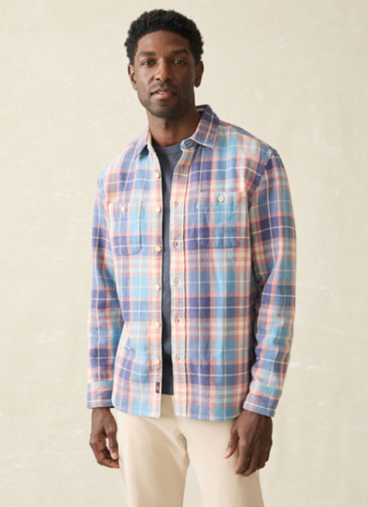 Front view of a man wearing the Bristol Blue Plaid Surf Flannel Shirt by Faherty