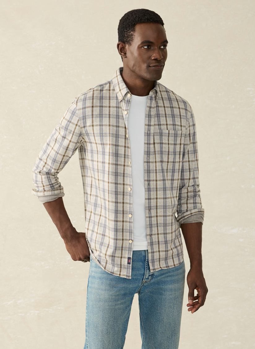 Front view of a man wearing the Birch River Plaid  Coastline Knit Shirt by Faherty