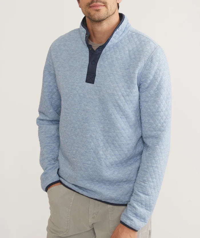 Front view of the Corbet Reversible Pullover by Marine Layer in the Blue color