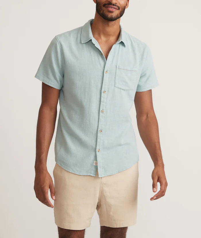 Front view of the Marine Layer Men's Stretch Selvage Short Sleeve Shirt in the color Pale Blue