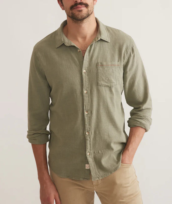 Front view of men's casual long sleeve button down shirt in light green color