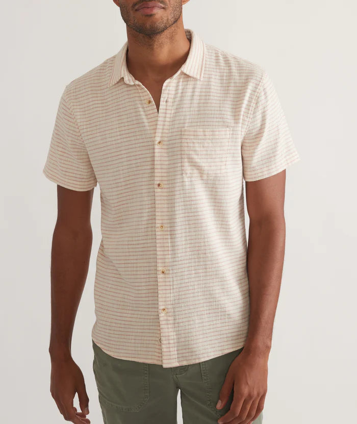 
                      
                        Front view of the Marine Layer Men's Stretch Selvage Short Sleeve Shirt in the color Warm Stripe
                      
                    