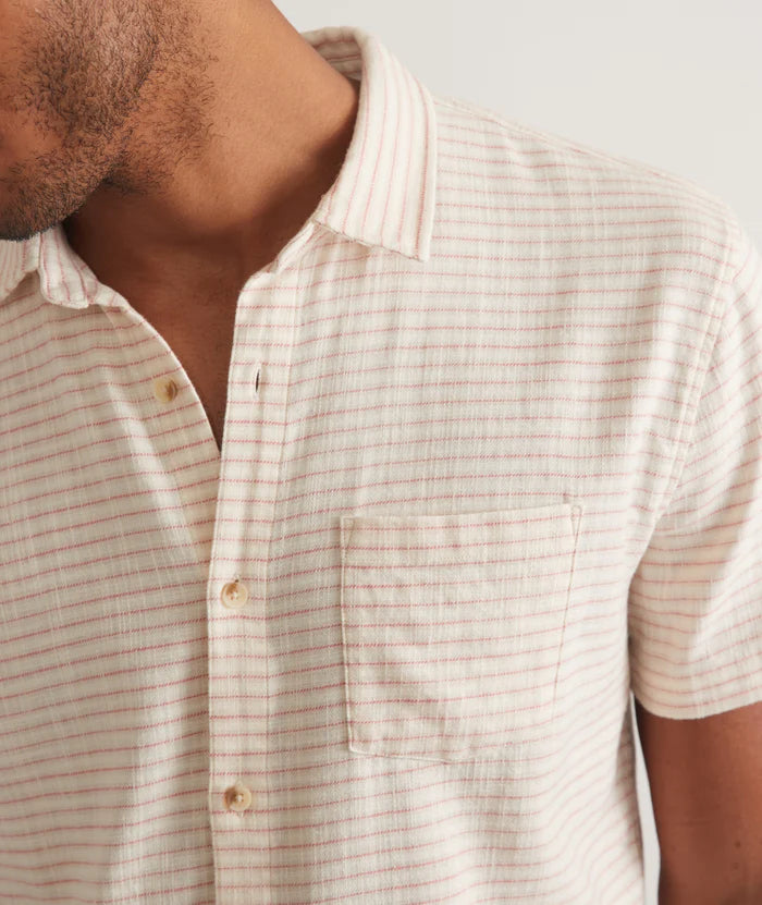 
                      
                        Front detail view of the Marine Layer Men's Stretch Selvage Short Sleeve Shirt in the color Warm Stripe
                      
                    