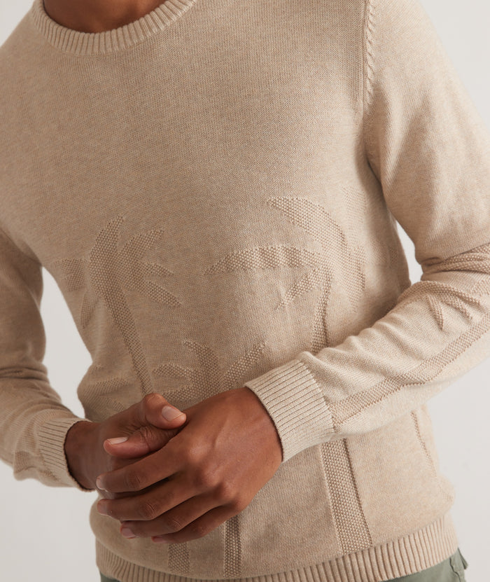 
                      
                        Front detail view of the Marine Layer Scenic Crewneck Sweater in the color Oatmeal
                      
                    