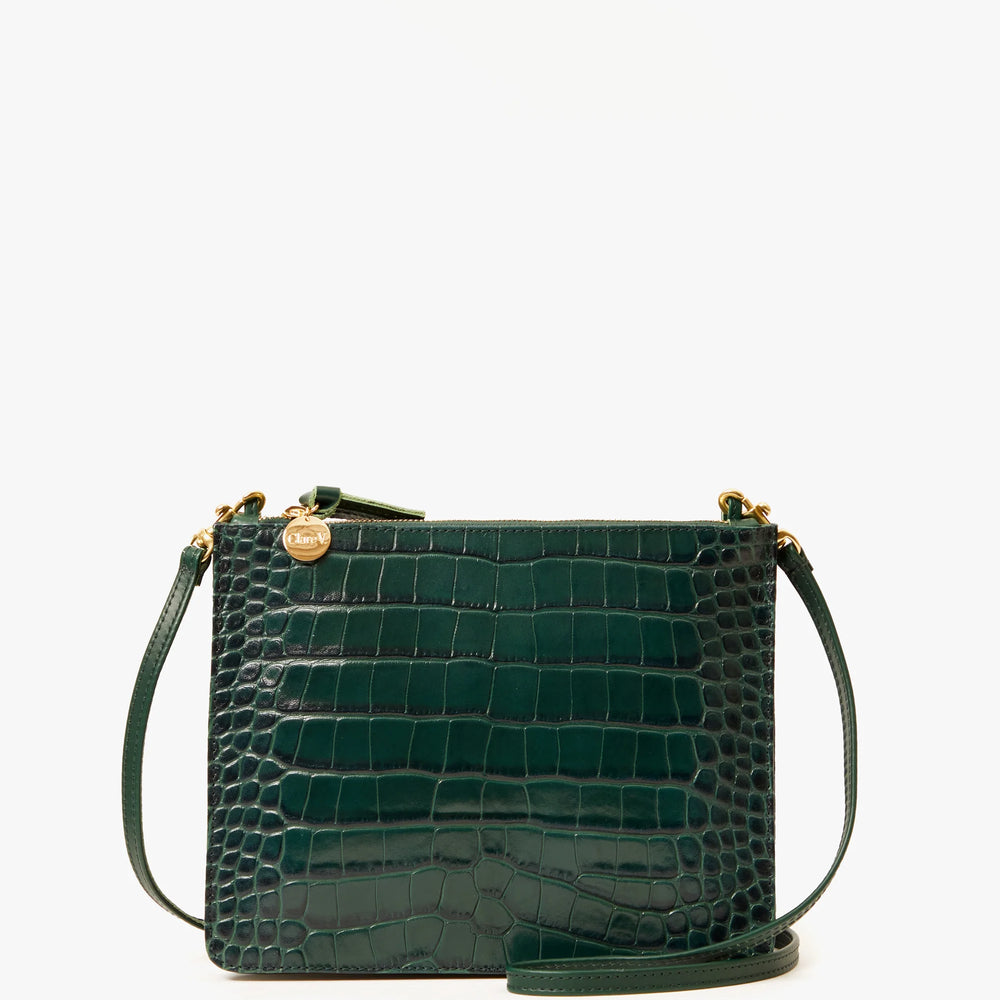 The Clare V. Margot Double Sac Bretelle in the color Deep Pine Embossed Croco