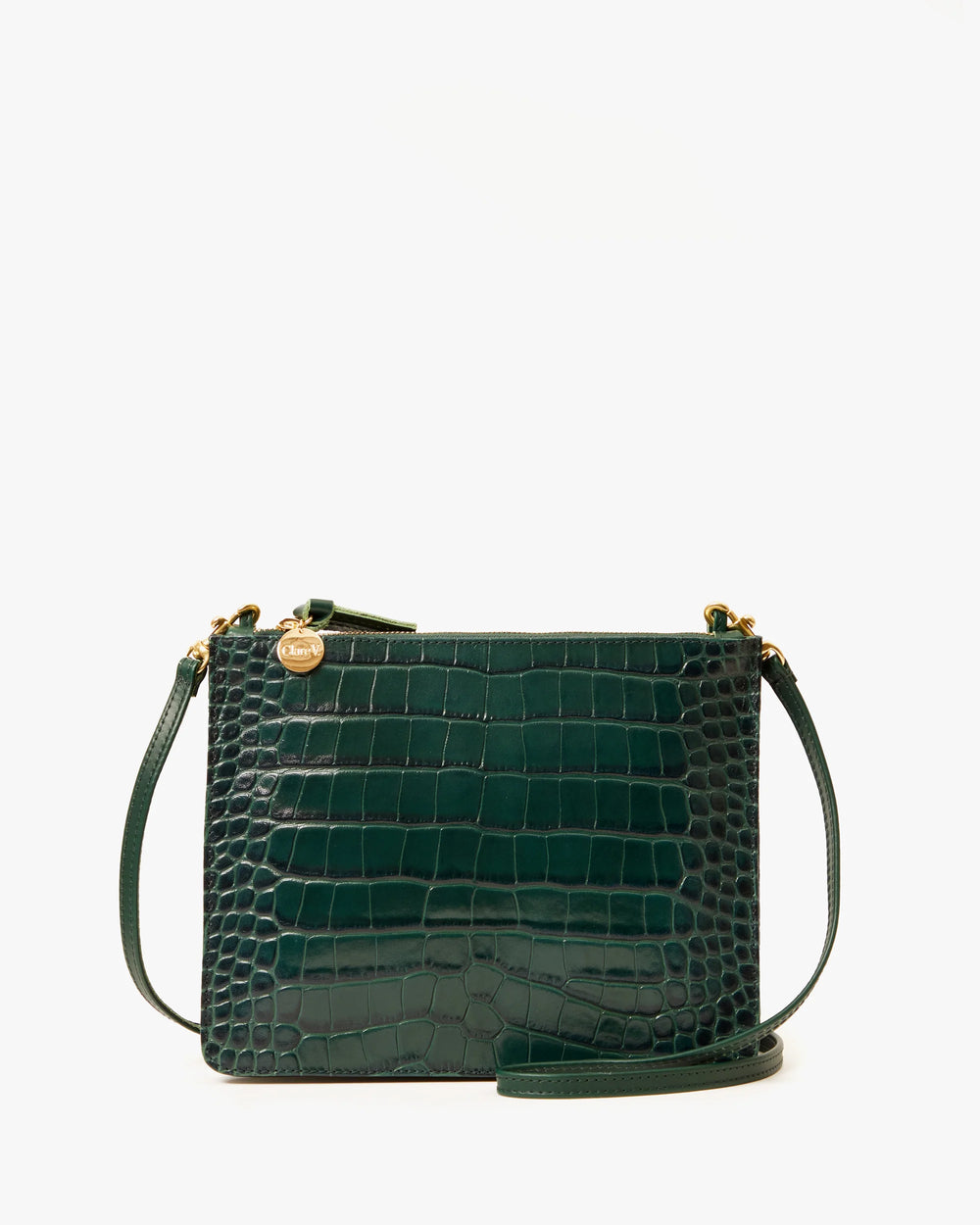 The Clare V. Margot Double Sac Bretelle in the color Deep Pine Embossed Croco