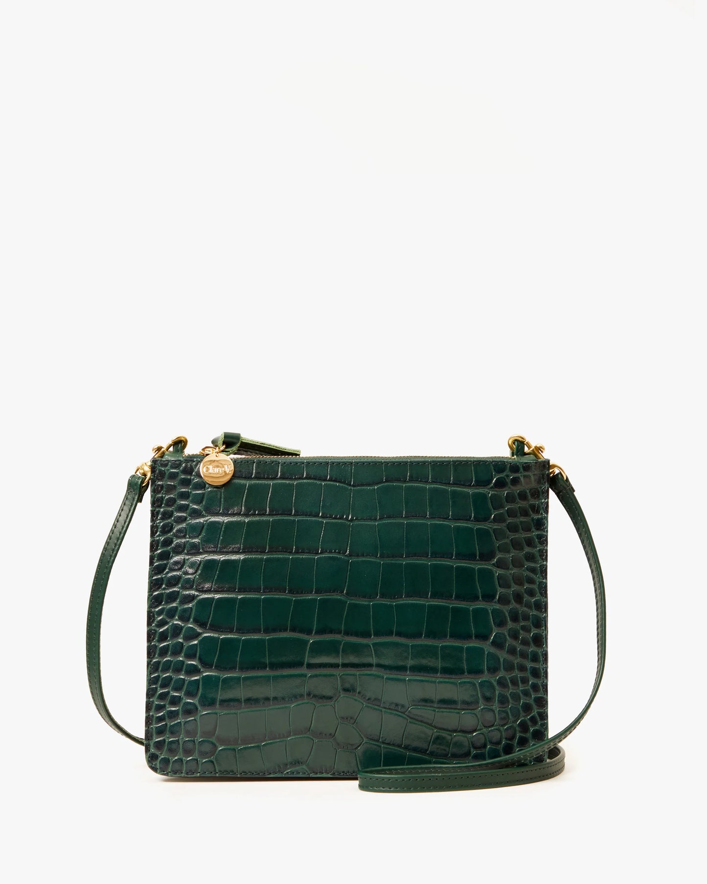 The Clare V. Margot Double Sac Bretelle in the color Deep Pine Embossed Croco