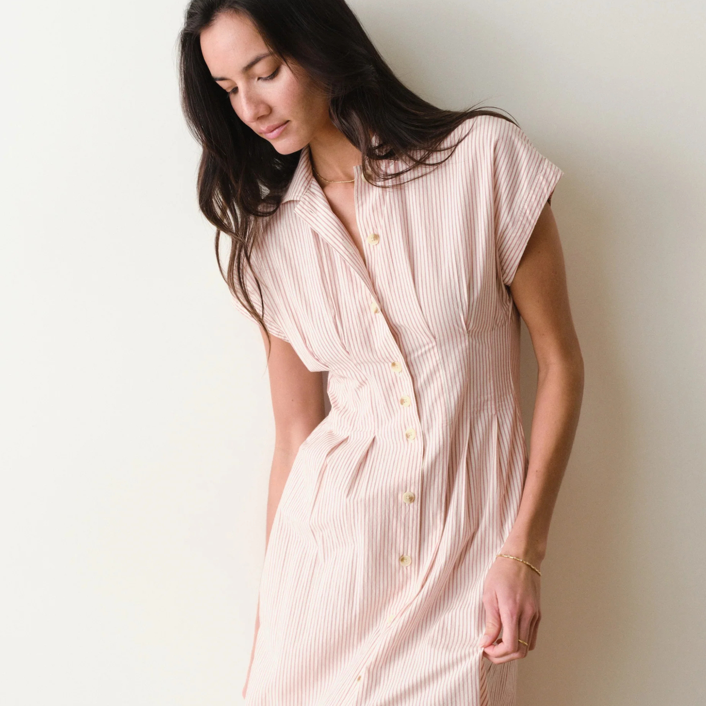 Marine Layer Arden Midi Shirt Dress in Rust/White Stripe, available now at Harbour Thread boutique