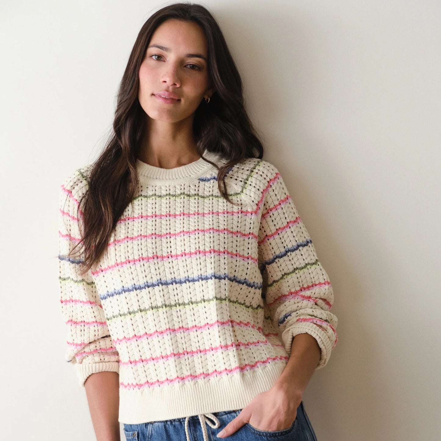 Marine Layer Mina Pointelle Sweater in Rainbow Stripe, available now at Harbour Thread boutique