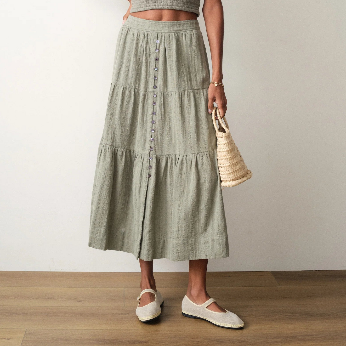 Marine Layer Lana Button-Through Skirt in Sage, available now at Harbour Thread boutique