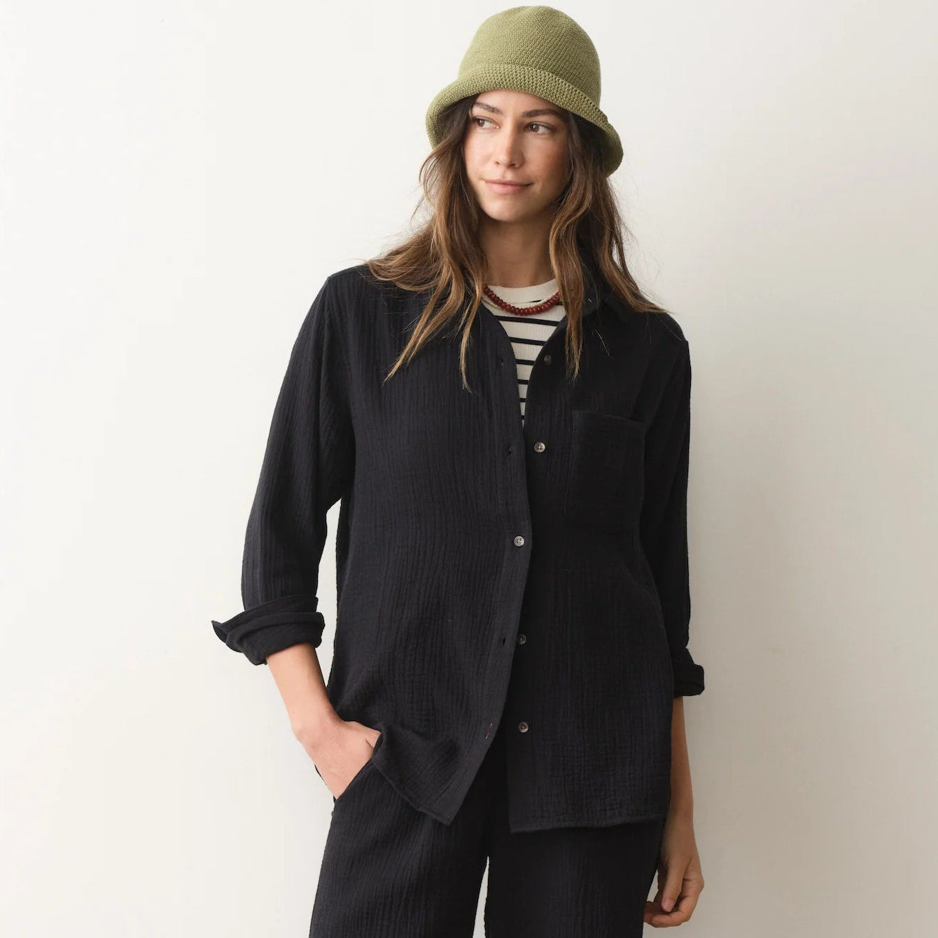 Marine Layer Jane Relaxed Double Cloth Shirt in Black, now available at Harbour Thread boutique