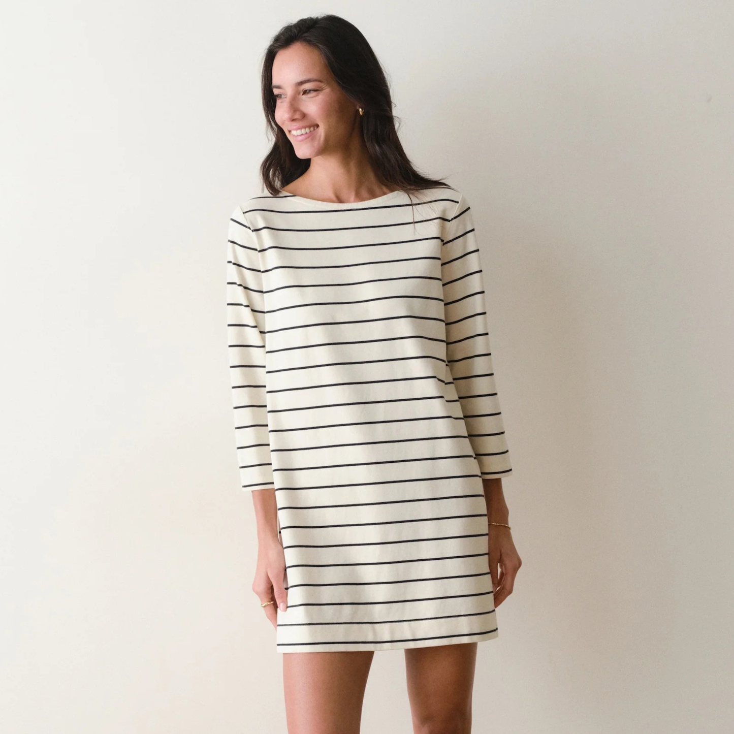 Marine Layer Luxe Sueded Mariner Dress in Black/White Stripe, available at Harbour Thread boutique