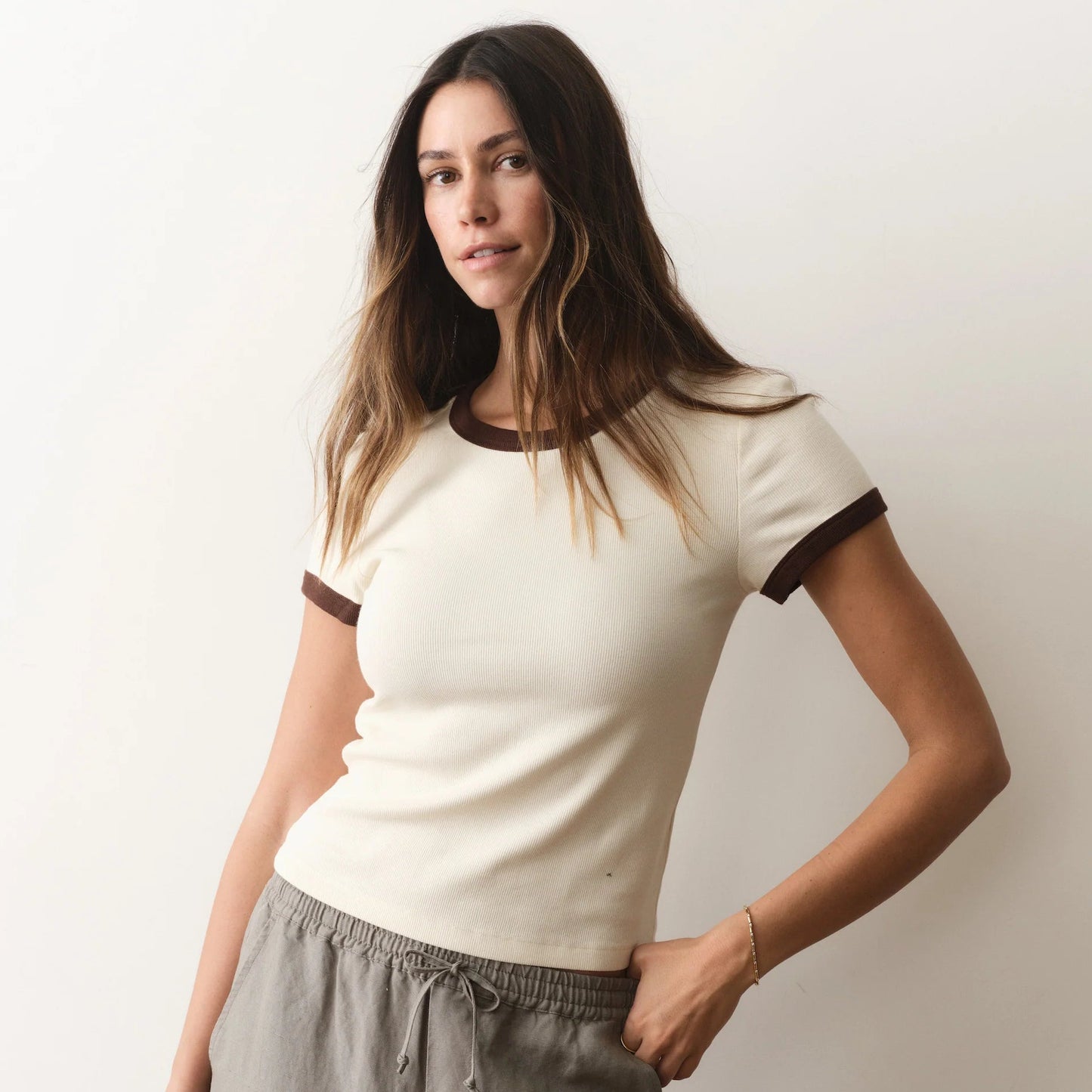 Marine Layer Lexi Rib Ringer Tee in Cream & Coffee, available now at Harbour Thread boutique. 