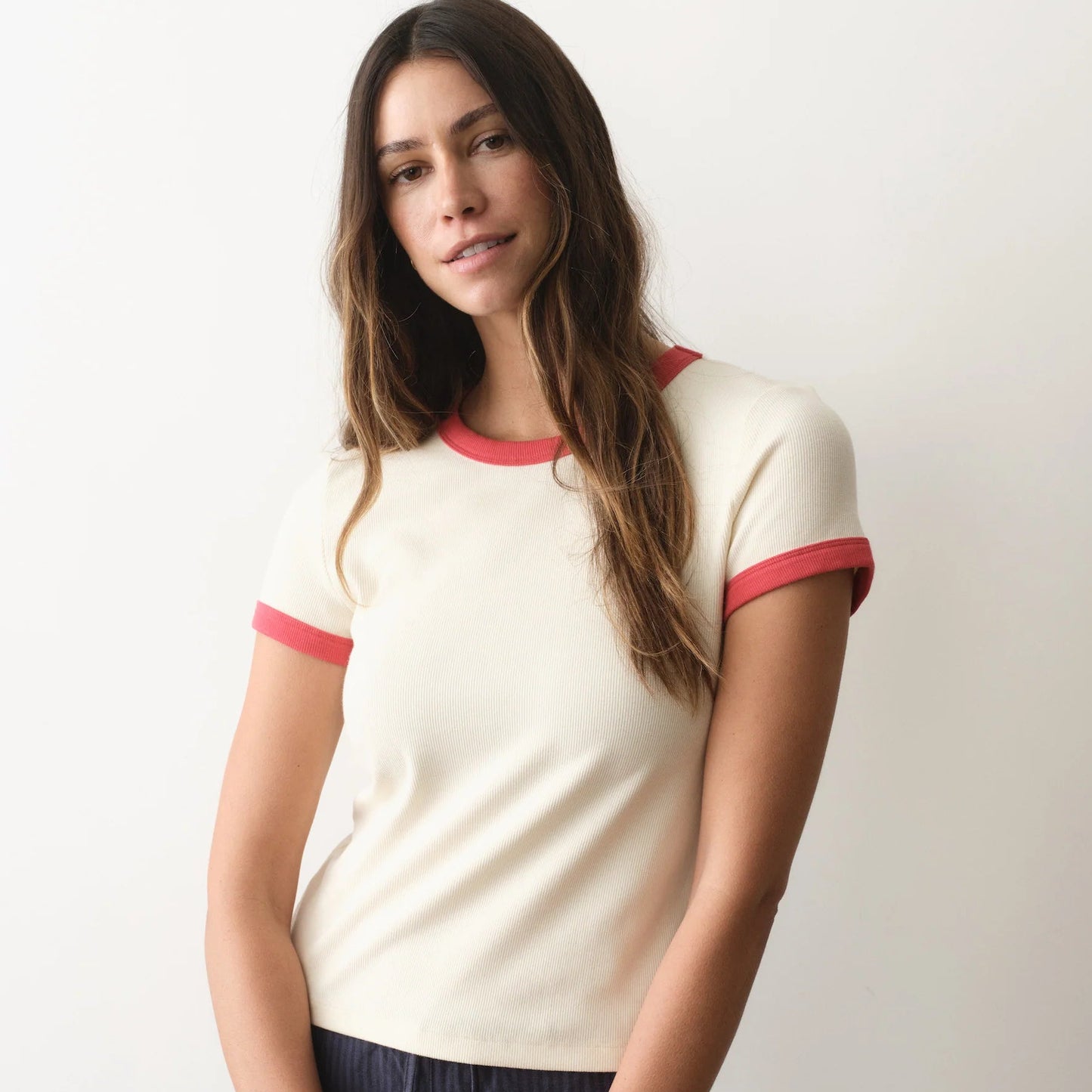 Marine Layer Lexi Rib Ringer Tee in Cream & Poppy, available now at Harbour Thread boutique. 