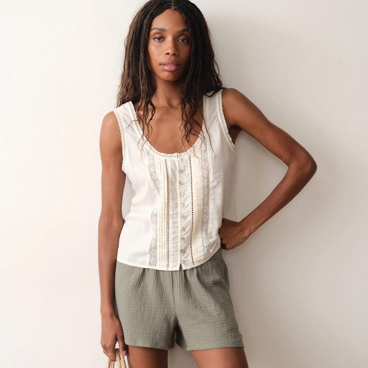 Marine Layer Isla Double Cloth Short in Sage, available now at Harbour Thread boutique