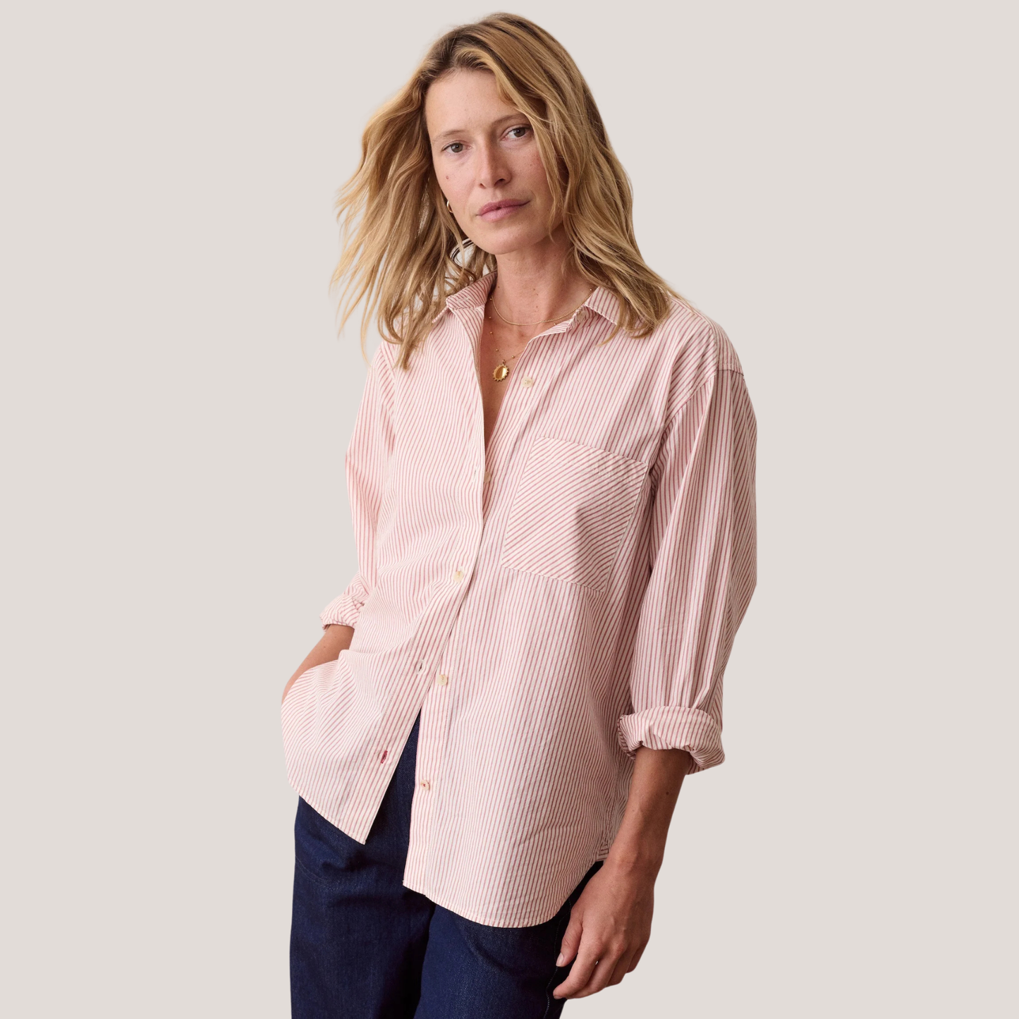 Marine Layer Jane Relaxed Cali Poplin Shirt in Crimson Stripe