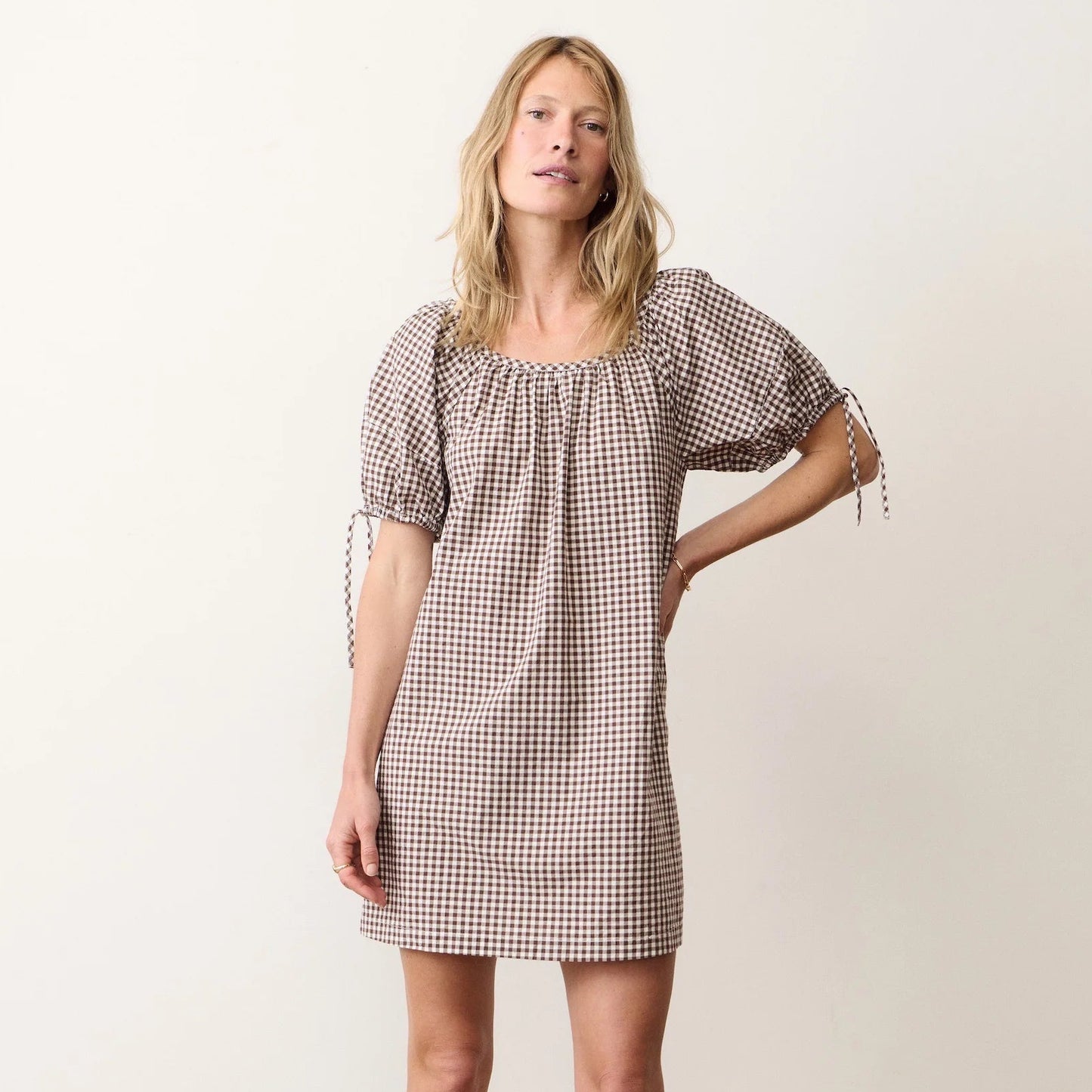 Marine Layer Aleca Mini Dress in Chocolate Gingham, available now at Harbour Thread boutique