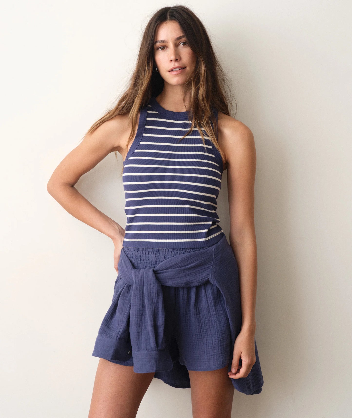 Marine Layer Lexi Rib High Neck Tank in Bay Blue & White Stripe, available now at Harbour Thread boutique