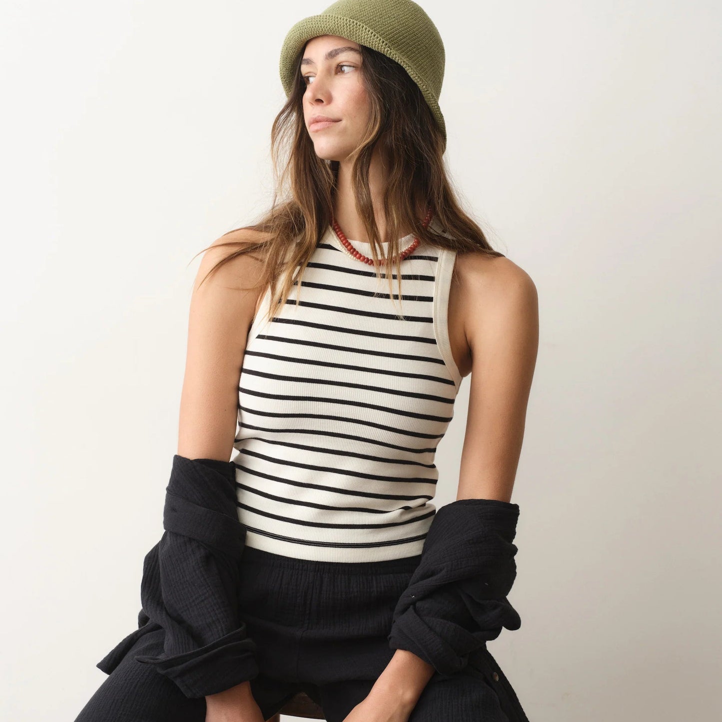 Marine Layer Lexi Rib High Neck Tank in Cream & Black Stripe, available now at Harbour Thread boutique