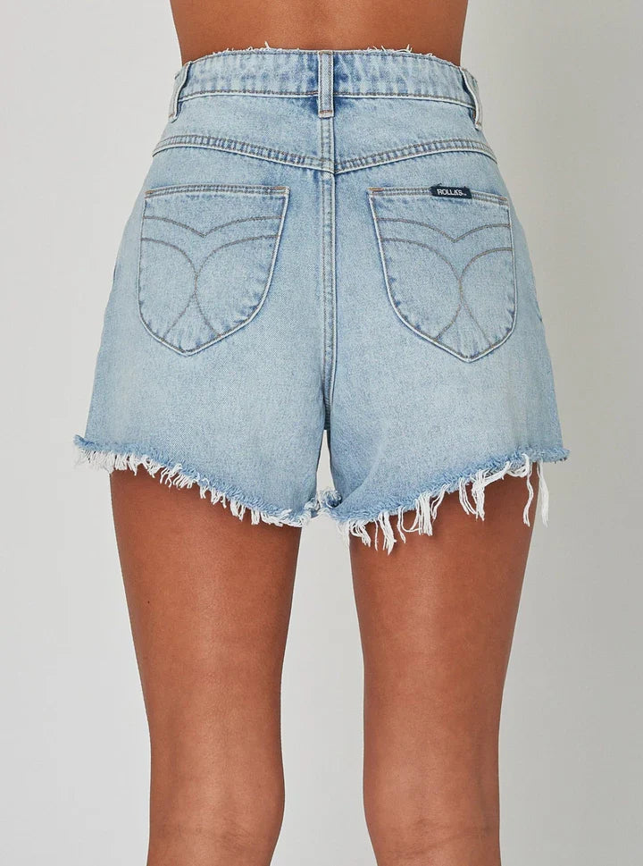 
                      
                        Women's light blue wash denim cutoff shorts from Rollas
                      
                    