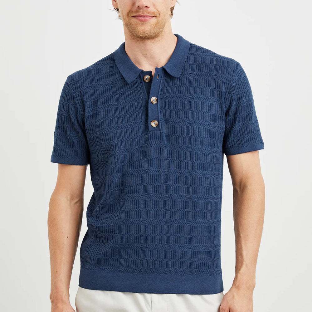 
                      
                        Men's blue short sleeve knit polo from Rails
                      
                    