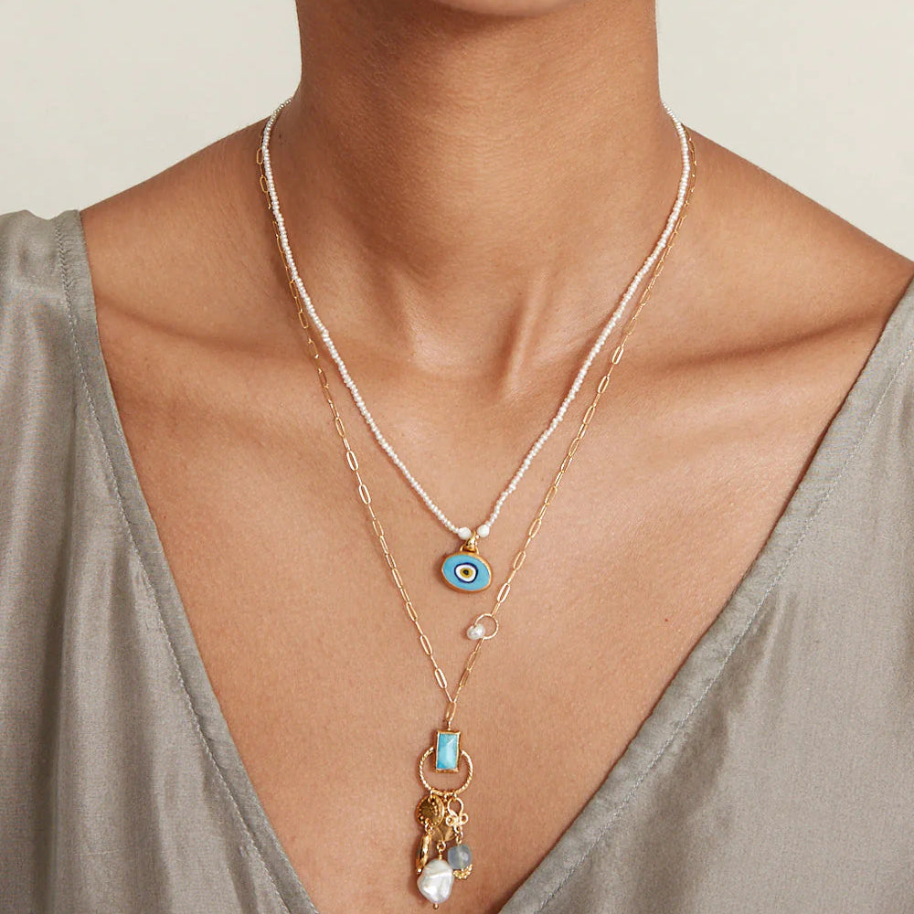 Woman wearing Chan Luu's Turquoise Mix Halo Charm Necklace