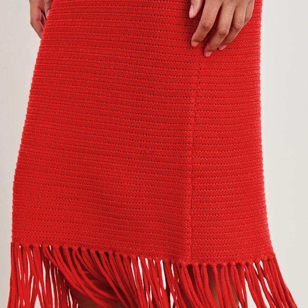 Red knit midi dress with fringed bottom hem