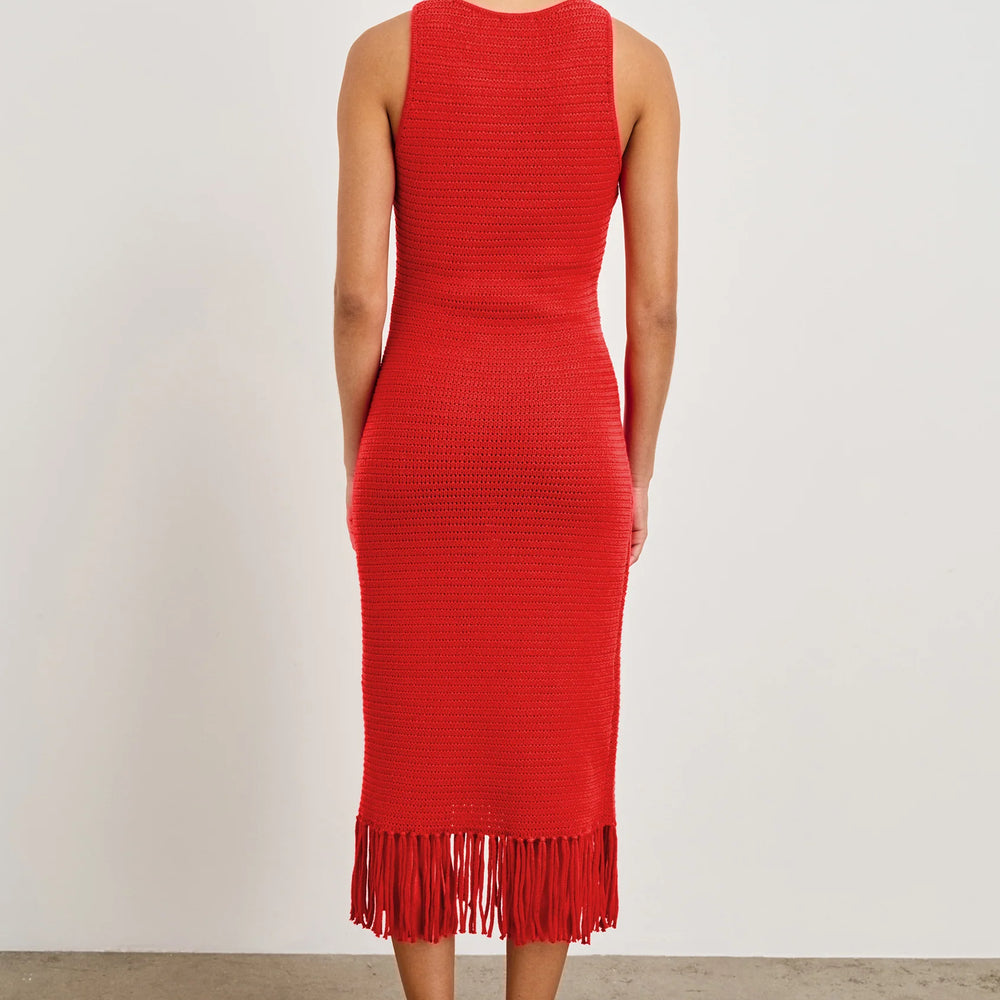 
                      
                        Sleeveless red midi dress from Rails with tassle detail at the bottom
                      
                    