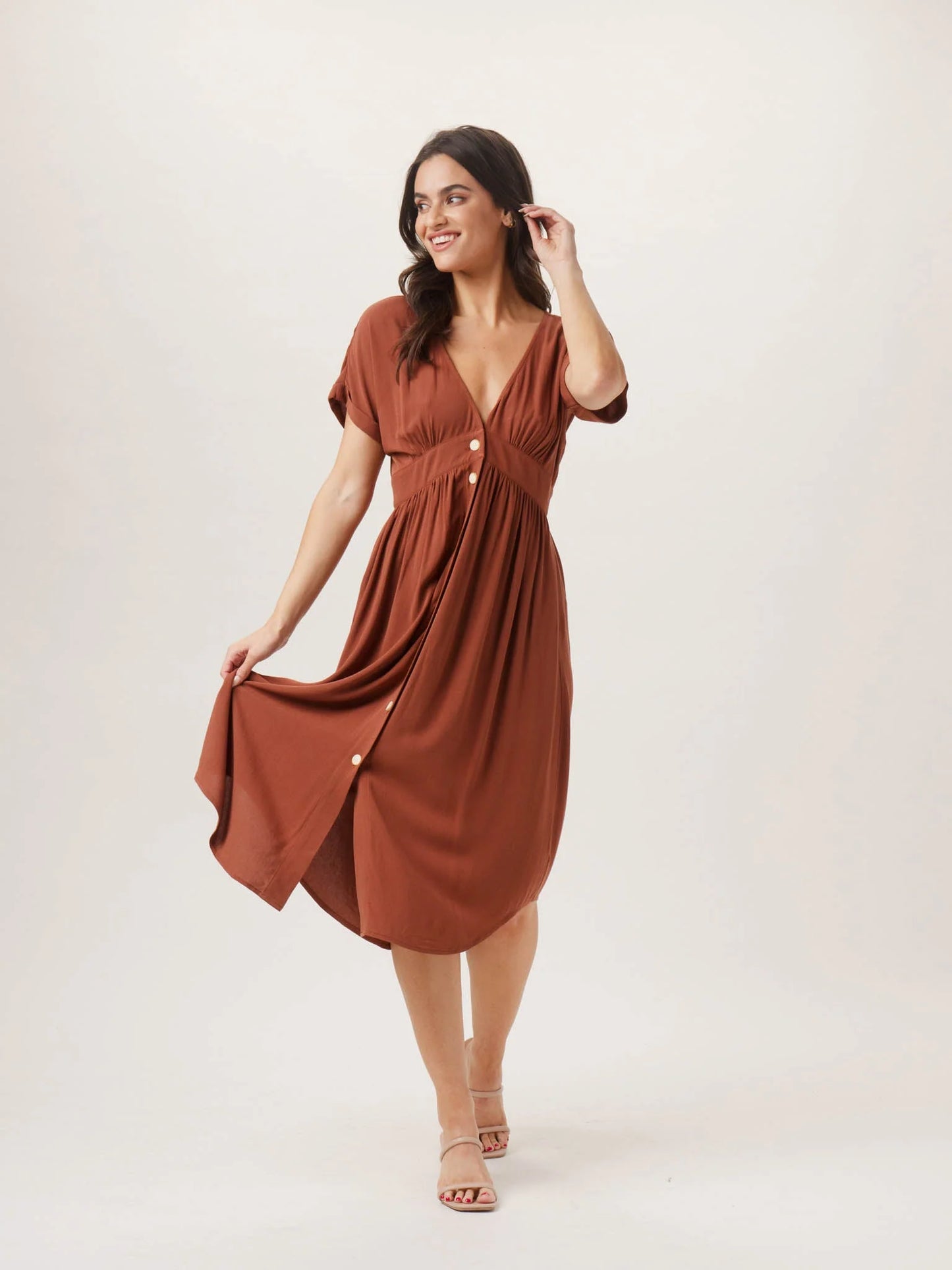 The Normal Brand's Deep V Button Thru Dress in the color Clay