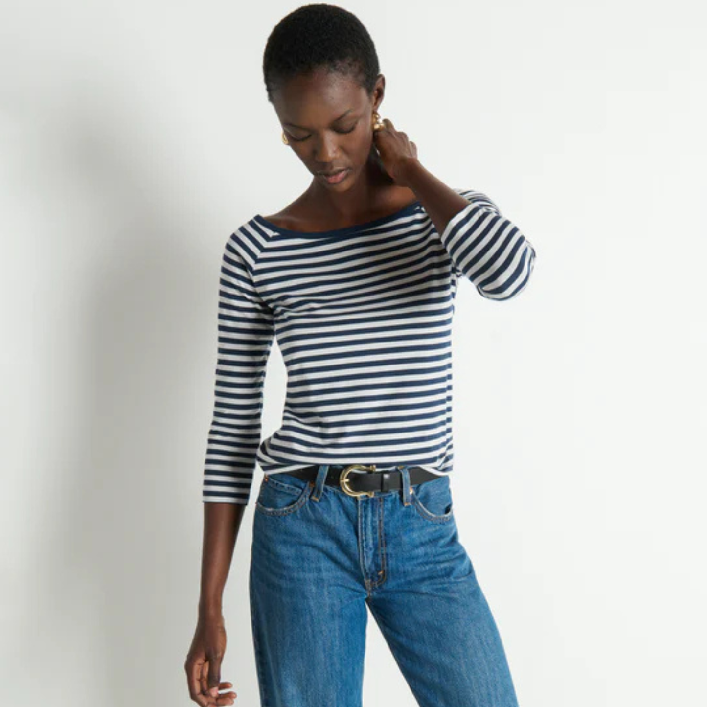 Nation LTD Danika Scoop Neck Tee in Navy City Stripe, available now at Harbour Thread boutique