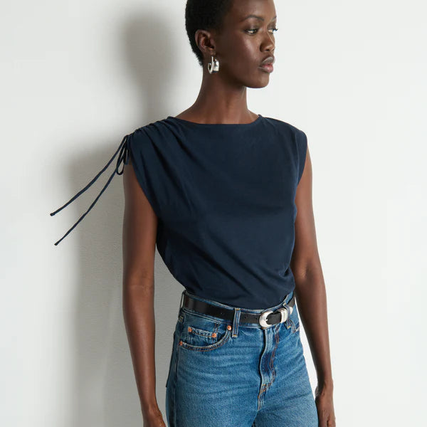 Nation LTD Julie Shoulder Tie Top in Navy Night Sky, available now at Harbour Thread boutique. 