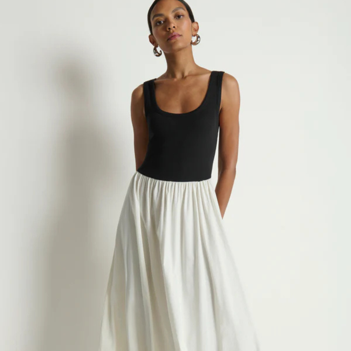 Nation LTD Karla Midi Dress in Porcelain Color Block, available now at Harbour Thread boutique.