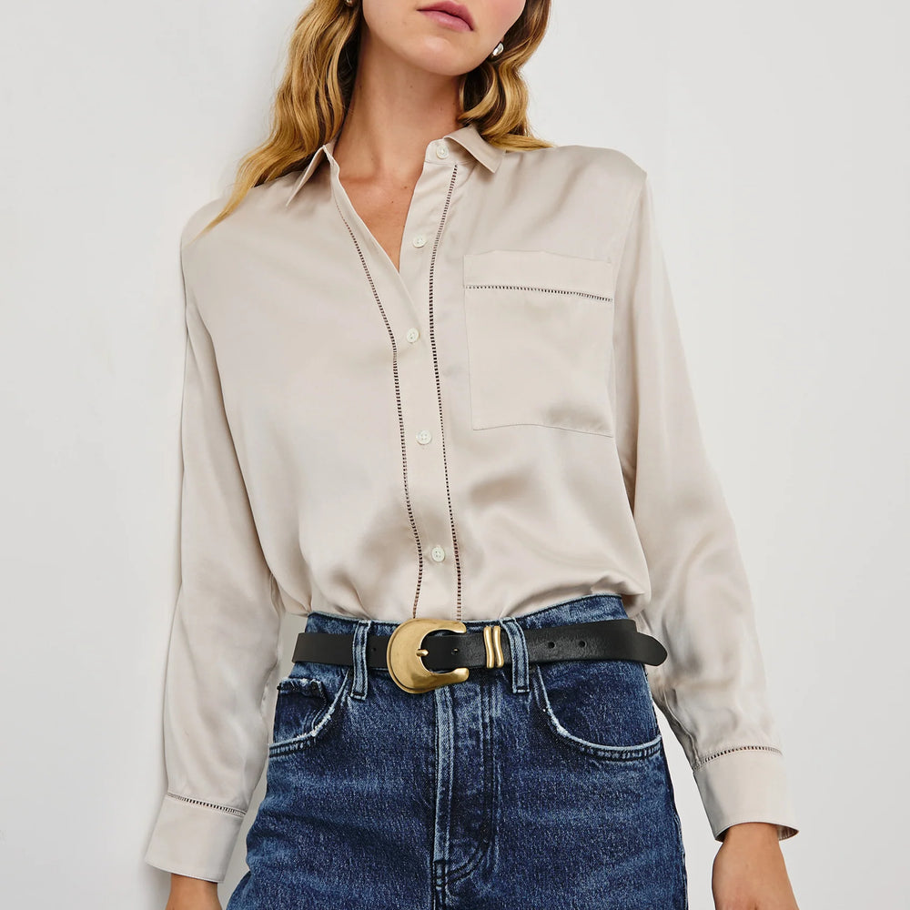 
                      
                        Front view of a woman wearing the Moonbeam Long Sleeve Silk Oak Shirt by Rails
                      
                    