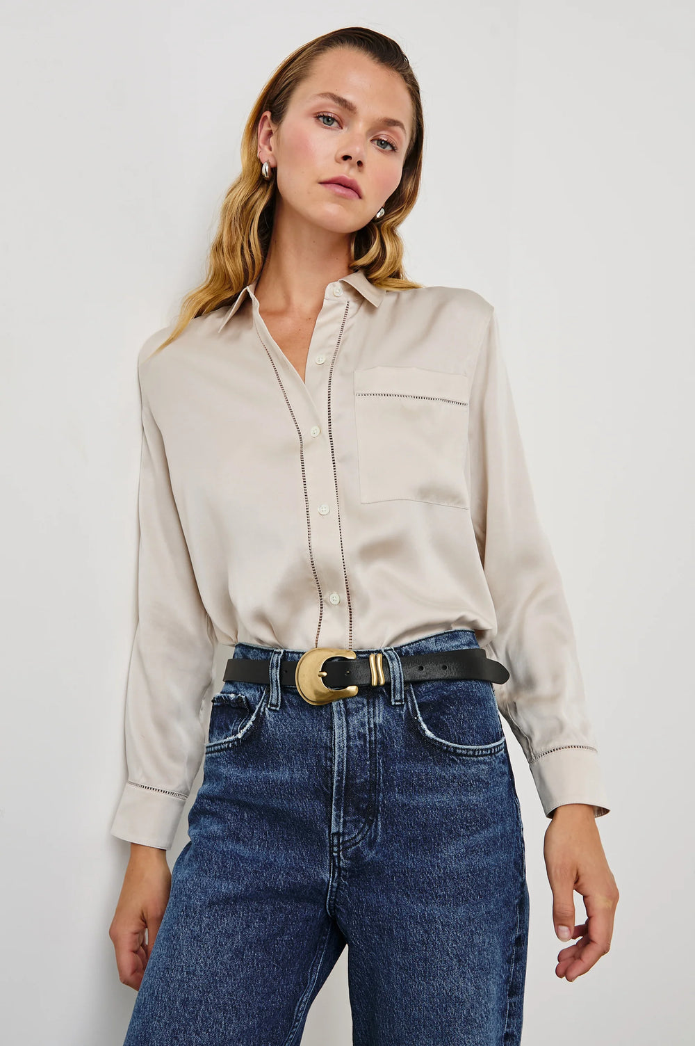 Front view of a woman wearing the Moonbeam Long Sleeve Silk Oak Shirt by Rails