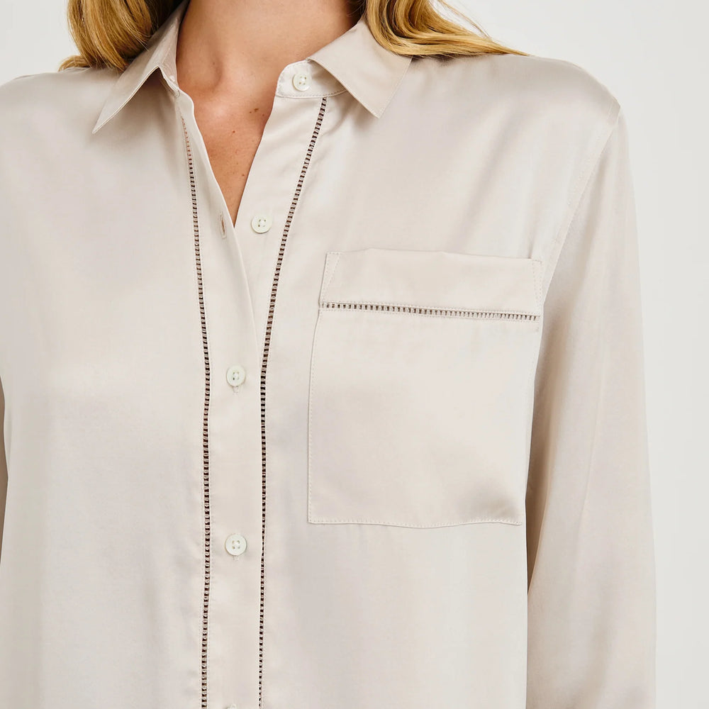 
                      
                        Front design detail on the Moonbeam Long Sleeve Silk Oak Shirt by Rails
                      
                    