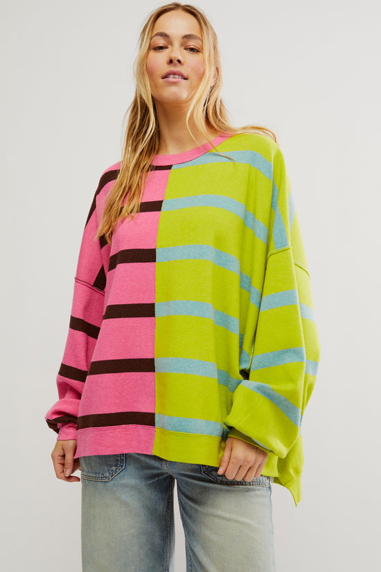 Front view of the Free People Uptown Stripe Pullover in the color Aurora Lime Combo