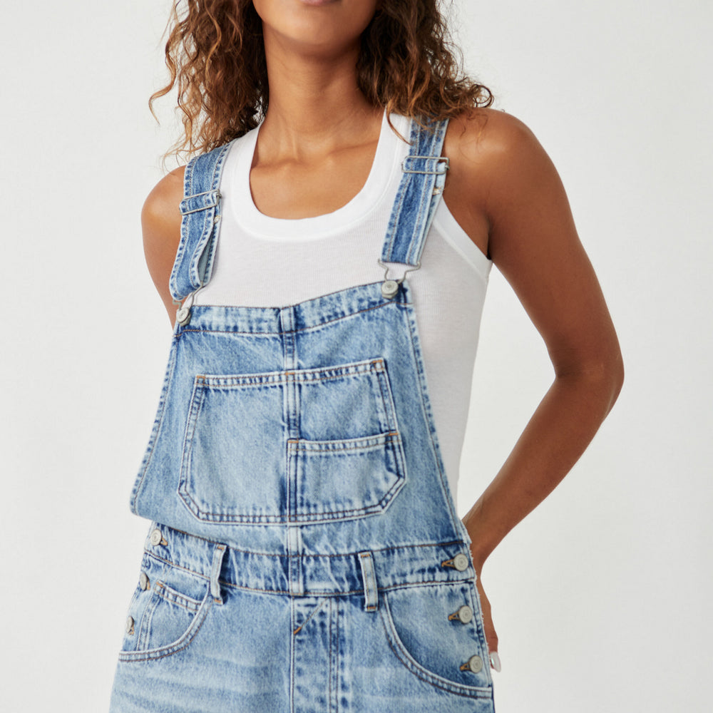 Front view of the Free People Ziggy Shortall in medium wash denim color