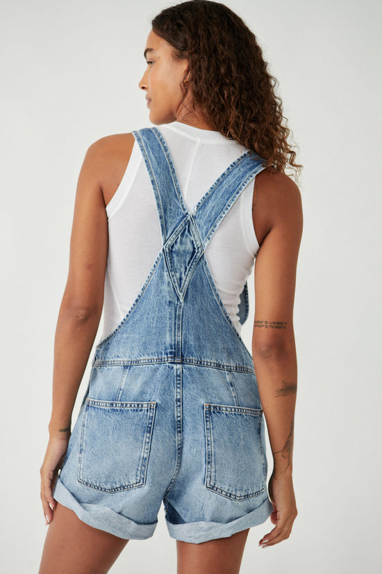 Back view of the Free People Ziggy Shortall in medium wash denim color
