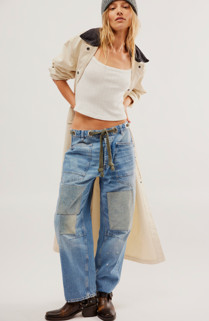 Free People's Moxie Low Slung Pull-On Barrel Jeans in the color Truest Blue at Harbour Thread