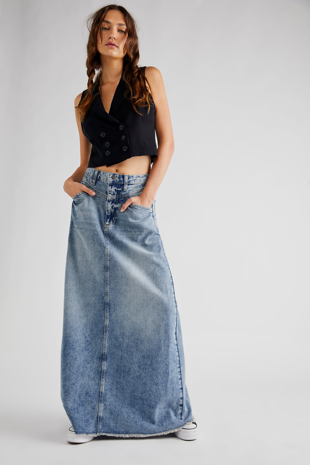 Free People Come As You Are Denim Maxi Skirt - Medium Indigo