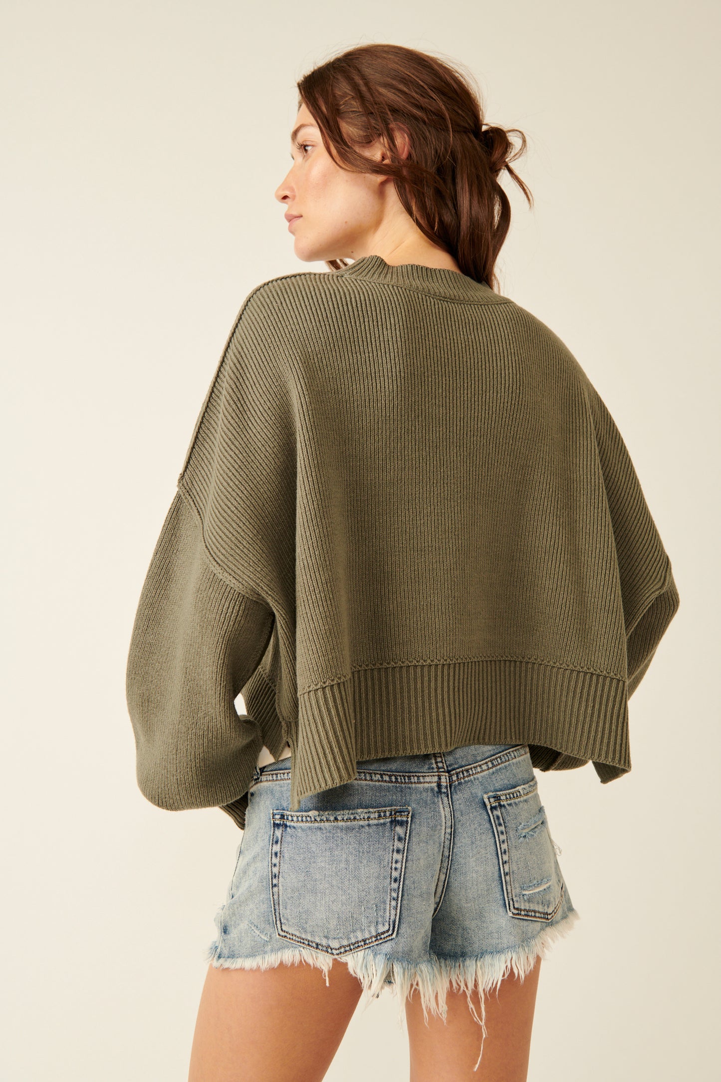 Back view of the Free People Easy Street Crop Pullover in the color Dried Basil