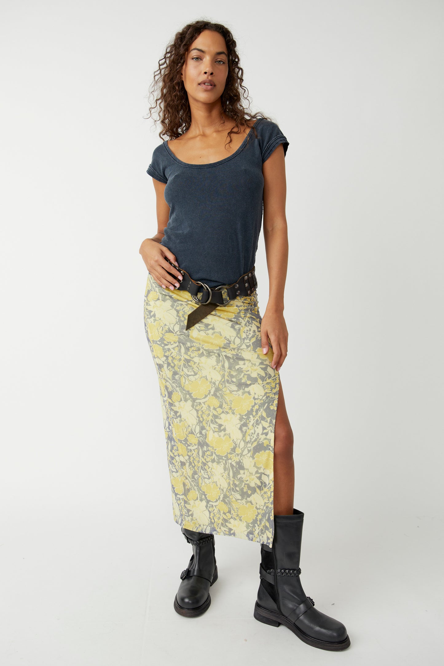 Front view of the Free Pepole Rosalie Mesh Midi Skirt in the color Black Combo Rosalie