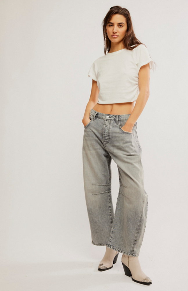 
                      
                        Grey wash barrel jeans for women
                      
                    