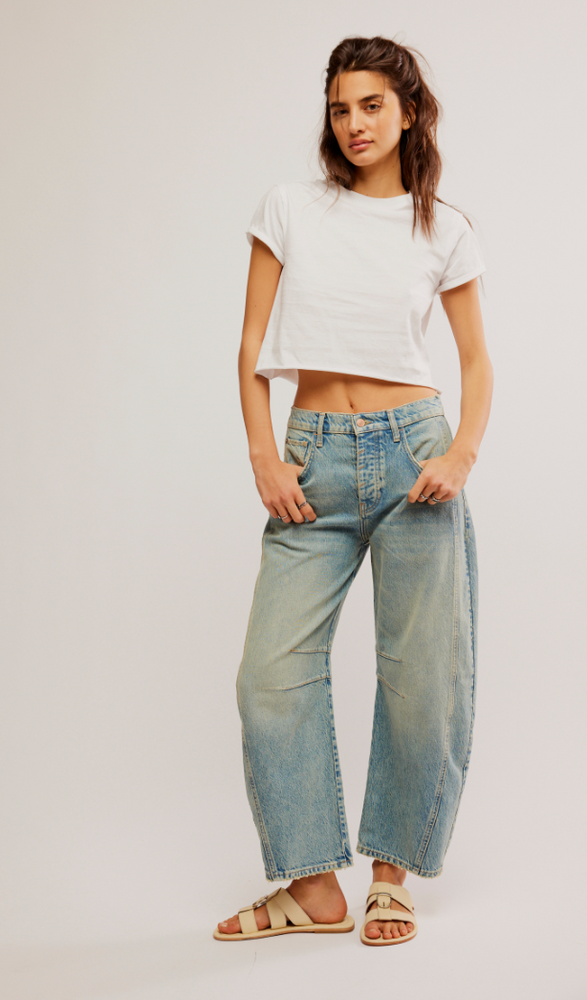 
                      
                        The Kismet Wash Good Luck Mid Rise Barrel Jeans from Free People
                      
                    