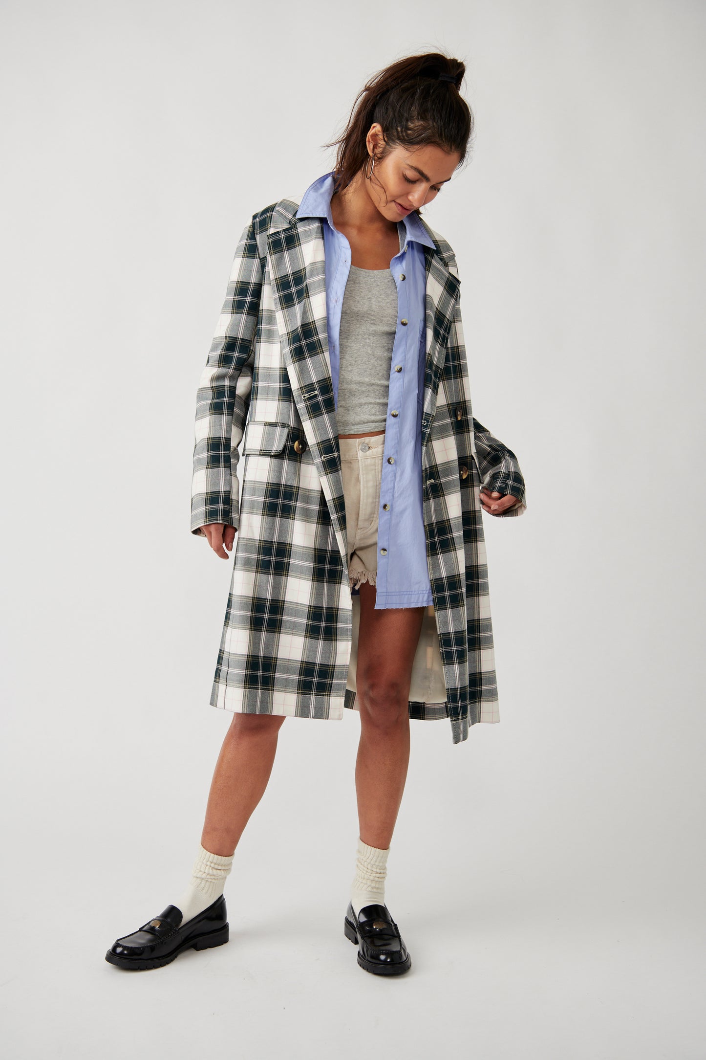 Free People Freddie Longline Plaid Blazer - Green Plaid