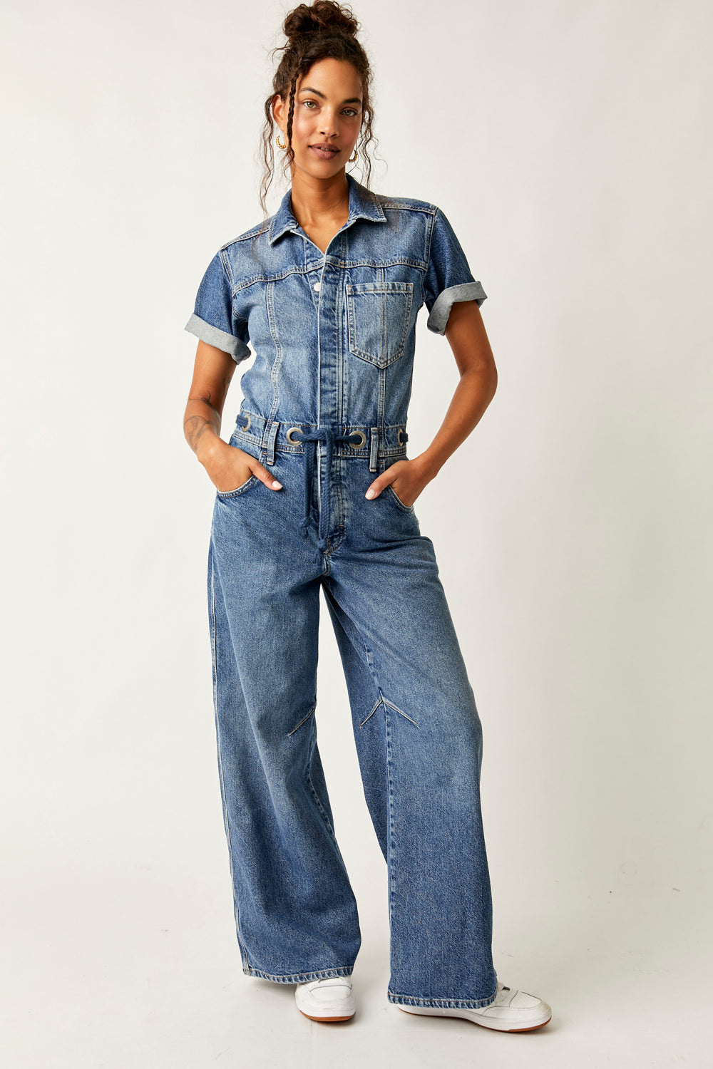 Free People Edison Wide Leg Coverall - Cape Blue