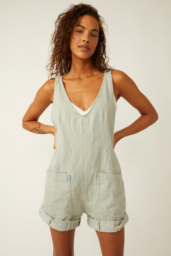 Front view of the striped Free People High Roller Railroad Shortall