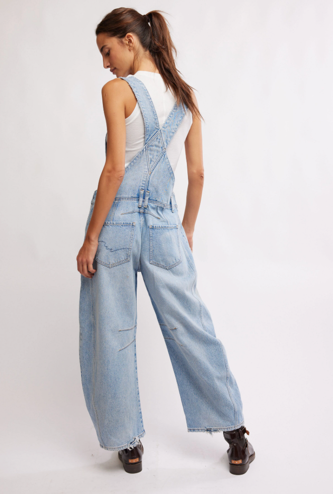 Women's light wash barrel leg overalls from Free People at Harbour Thread. 