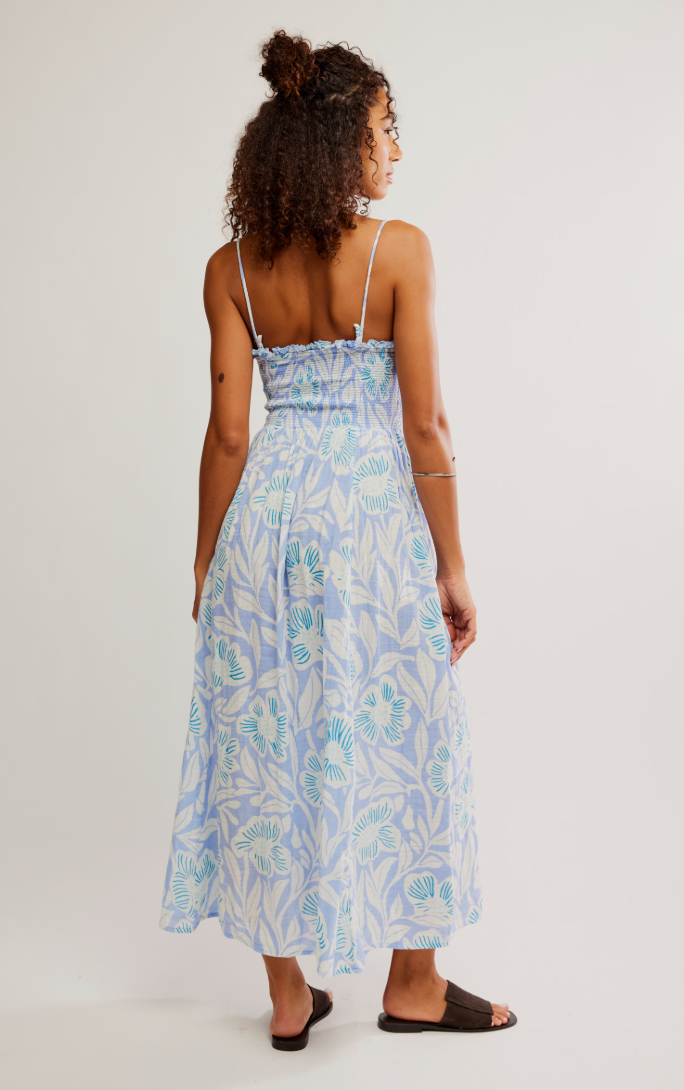 Women's printed blue smocked dress